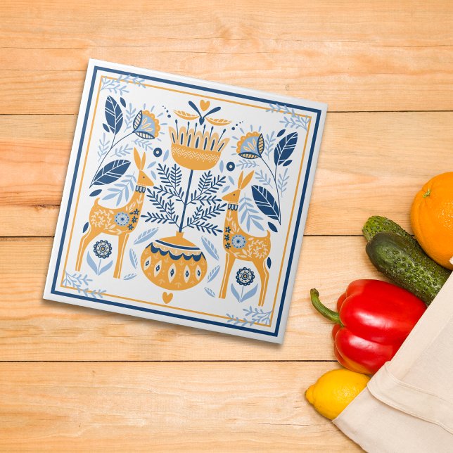 Blue Guld Hjort Hygge Mönster Kakelplatta (Skapare uppladdad)