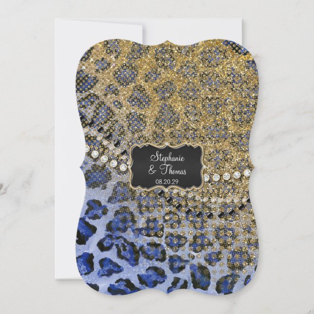 Blue Guld Leopard Animal Print Glitter Bröllop Inbjudningar (Framsida)
