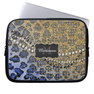 Blue Guld Leopard Animal Print Glitter Se Jewel Laptop Sleeve