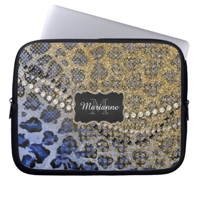 Blue Guld Leopard Animal Print Glitter Se Jewel Laptop Sleeve (Framsidan)