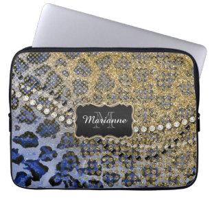 Blue Guld Leopard Animal Print Glitter Se Jewel Laptop Sleeve