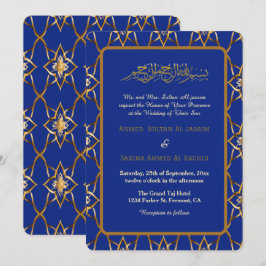 Blue guld luxurious muslim bröllop islamic inbjudningar