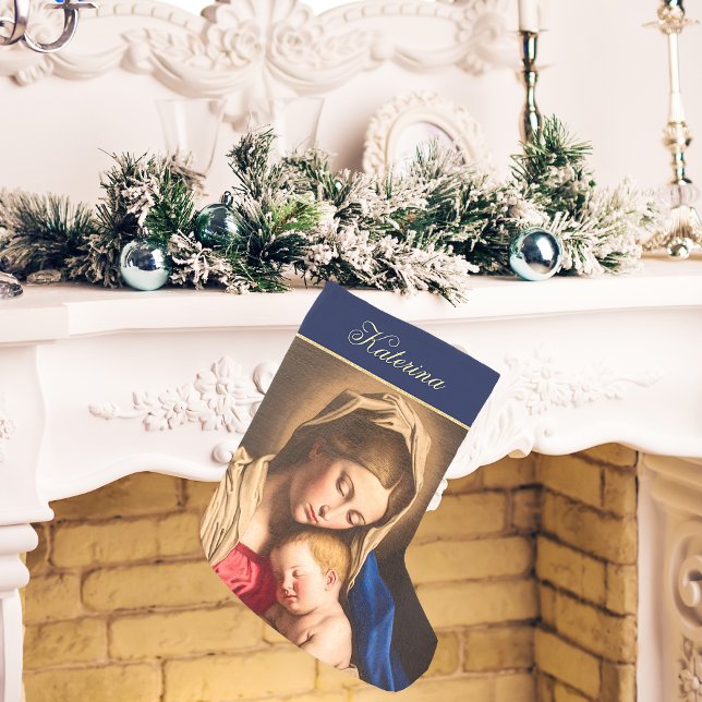 Blue& Guld Madonna och Child Religiösa Catholique Liten Julstrumpa (Religious Christmas stocking with Madonna and Child in navy blue and gold)