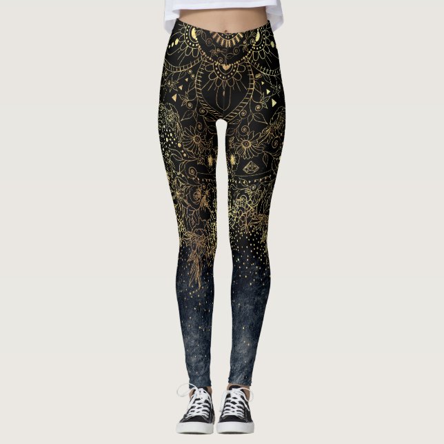 Blue Guld Mandala Blommigt Leggings (Framsida)