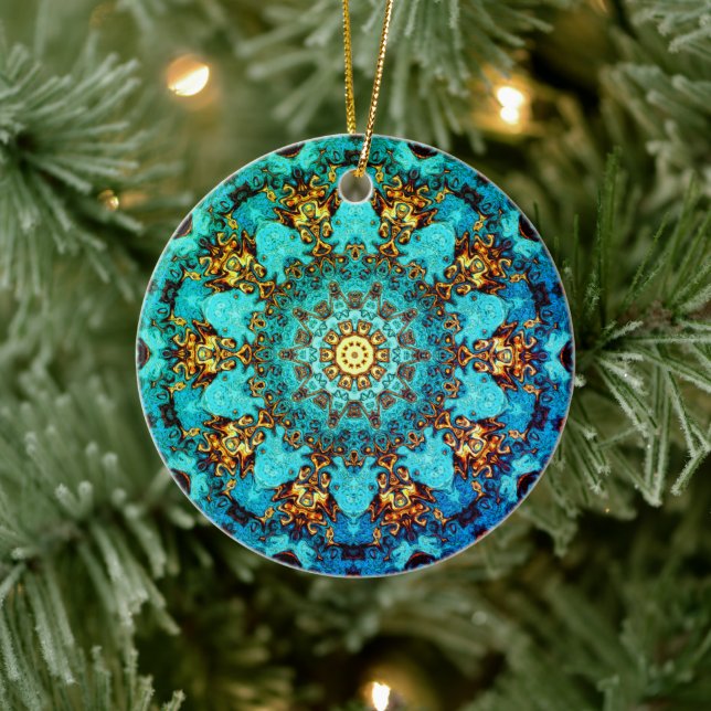 Blue & guld mandala-liknande mönster julgransprydnad keramik (Träd)