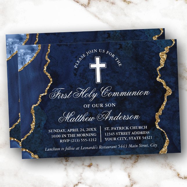 Blue Guld Marble Agate Geode First Communion Inbjudningar (Customize to change text size, text style or to add more text to back of card.)