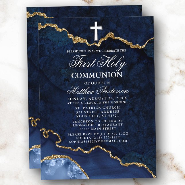 Blue Guld Marble Agate Geode First Heliga Communio Inbjudningar (Customize to change text size or text style.)