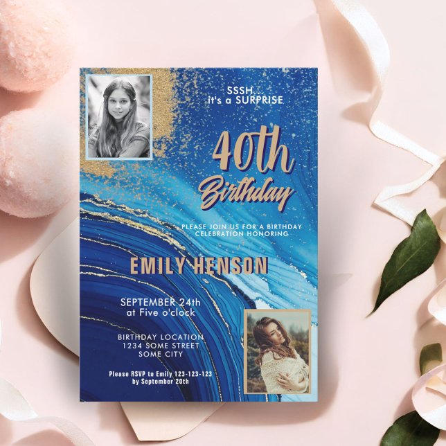 Blue Guld Marble Glitter 2 Foto 40 födelsedagar Inbjudningar (Skapare uppladdad)