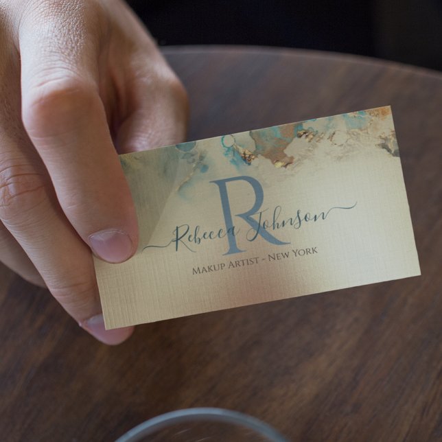 Blue Guld Modern Abstrakt Visitkort (Gold business card with a blue monogram. Chic and elegant with a classical look.)
