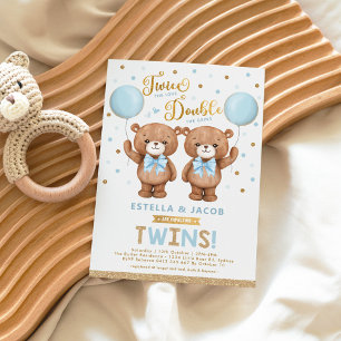 Blue Guld Nalle Balloon Boy Twin Baby Shower Inbjudningar