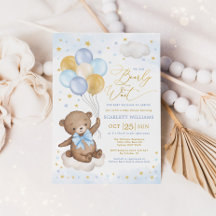 Blue Guld Nalle Balloons Boy Shower Invi