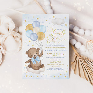 Blue Guld Nalle Balloons Boy Shower Invi Inbjudningar