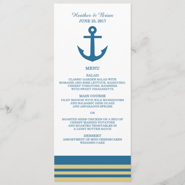 Blue Guld Nautical Anchor Bröllop Menu Meny (Framsida)