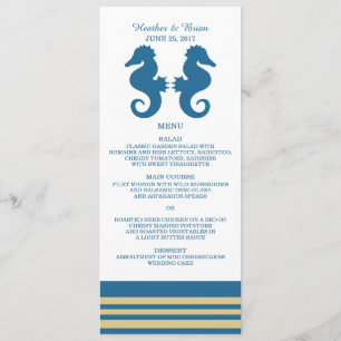 Blue Guld Nautical Seahorse Bröllop Menu Meny
