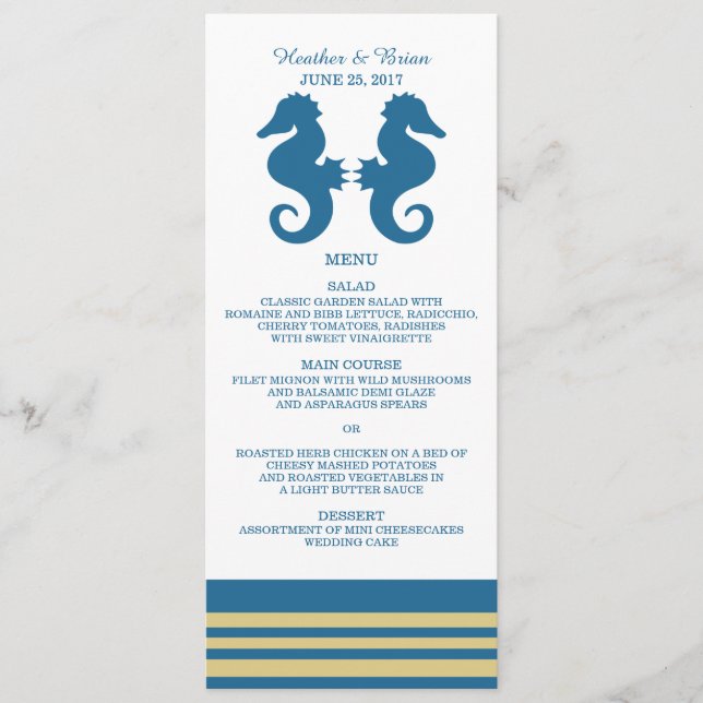 Blue Guld Nautical Seahorse Bröllop Menu Meny (Framsida)