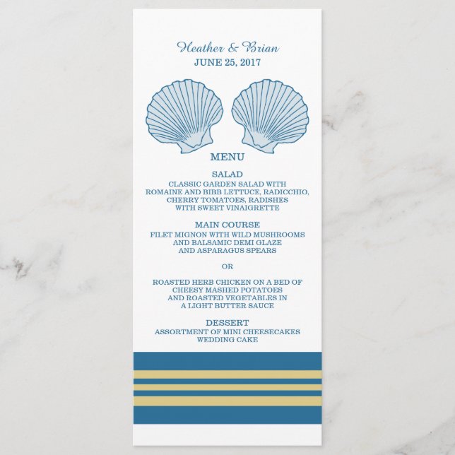 Blue Guld Nautical Seashells Bröllop Menu Meny (Framsida)