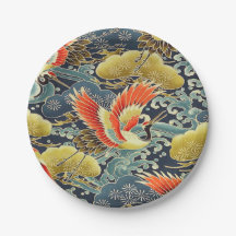 Blue Guld Orange Japanska Kimono Bird Crane