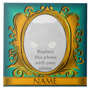 Blue Guld Oval Photo Ram med Namn Tile Kakelplatta