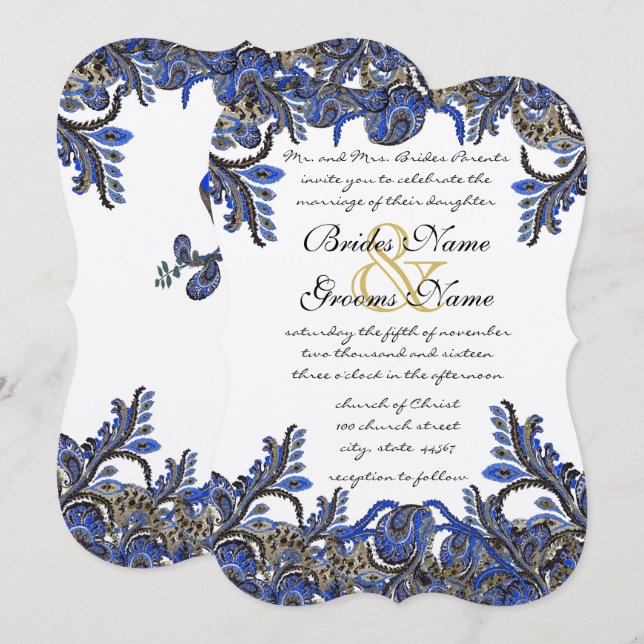 Blue & Guld Paisley Damask Wedding Inbjudan (Fram/baksida)