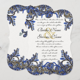 Blue & Guld Paisley Damask Wedding Inbjudan