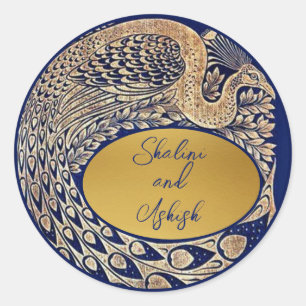 Blue Guld Peacock Art nouveau Bröllop Sticker Runt Klistermärke
