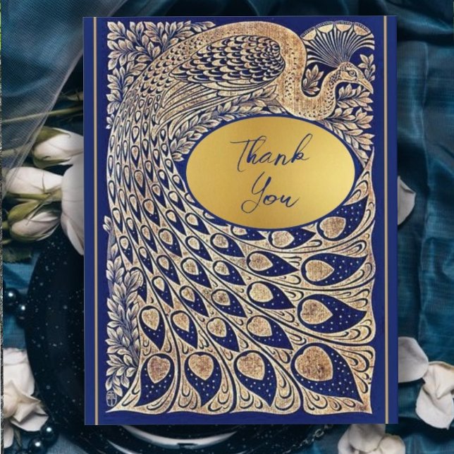 Blue Guld Peacock Art nouveau Bröllop Tack Kort (Skapare uppladdad)