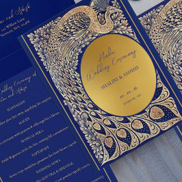 Blue Guld Peacock Indian Hindu Bröllop Ceremony Program