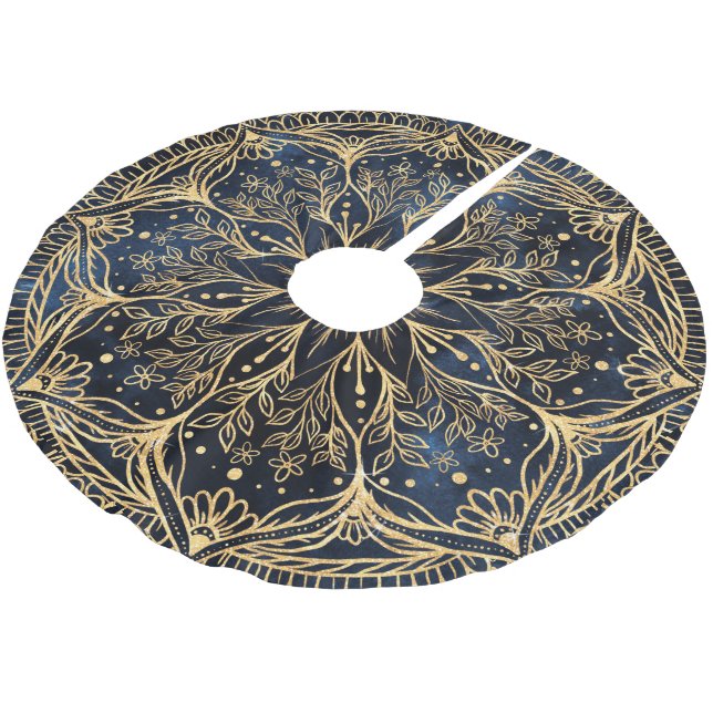 Blue Guld Poinsettia Flower Mandala Julgransmatta Borstad Polyester (Vinklad)