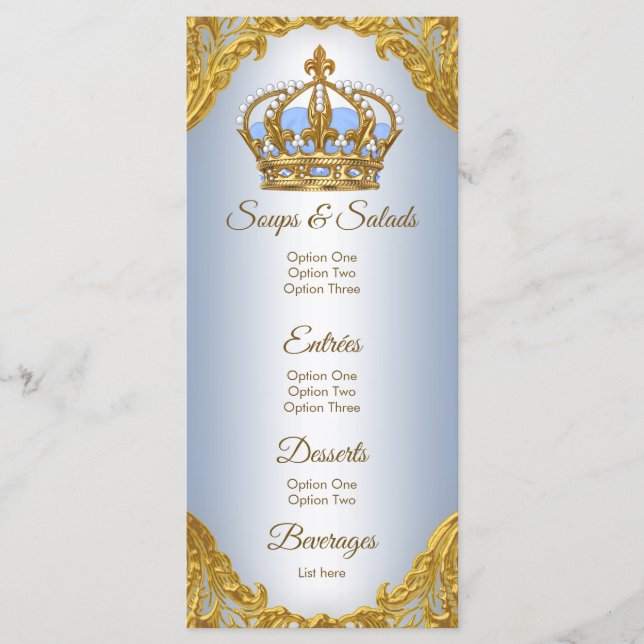 Blue Guld Prince Baby Shower Menu Meny (Framsida)