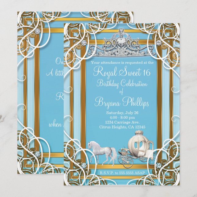 Blue Guld Princess Krona & Carriage Sweet 16 Party Inbjudningar (Fram/baksida)