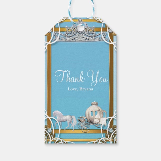 Blue Guld Princess Krona & Carriage Sweet 16 Party Presentetikett (Framsidan)