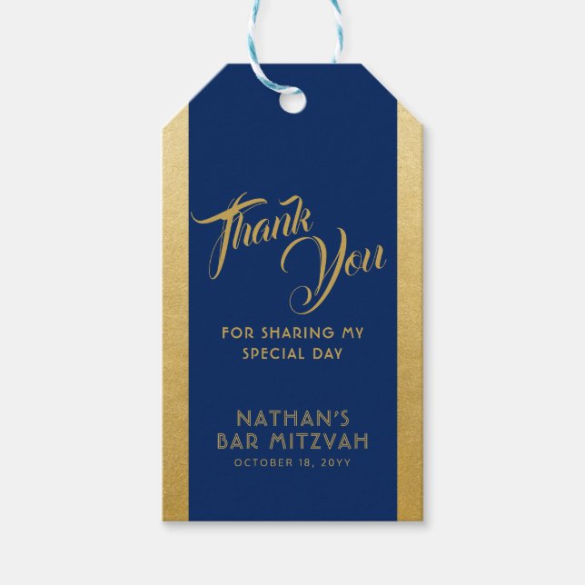 Blue Guld Pub Mitzvah Favor Tack Presentetikett (Framsidan)