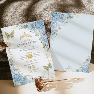 Blue Guld Quinceañera Butterfly Geometric Ram Inbjudningar