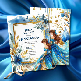 Blue Guld Quinceañera Dress Inbjudningar