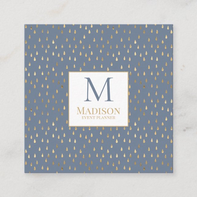 Blue Guld RainDrop Modern Trendig Monogram Fyrkantigt Visitkort (Framsida)