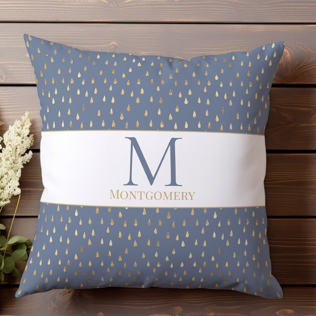 Blue Guld RainDrop Modern Trendig Monogram Kudde (Skapare uppladdad)