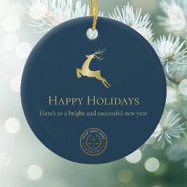 Blue Guld Reindeer Glad helg Business Logotyp Julgransprydnad Keramik