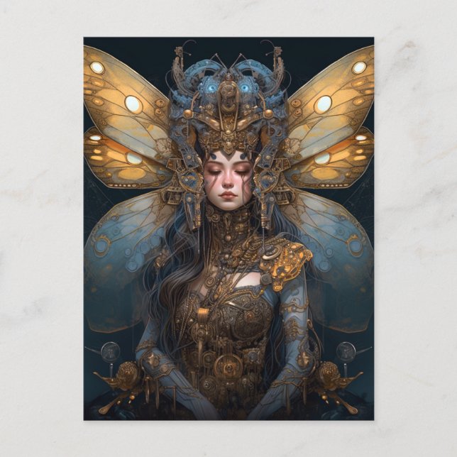 Blue Guld Robot Techno Fairy Fantasy Art Vykort (Framsida)