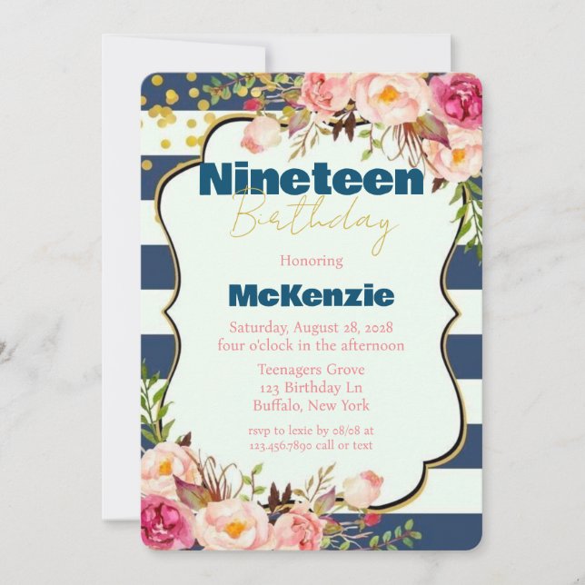 Blue Guld Rosa Peony Girl 19:e Födelsedagsfesten Inbjudningar (Framsida)