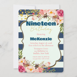 Blue Guld Rosa Peony Girl 19:e Födelsedagsfesten Inbjudningar