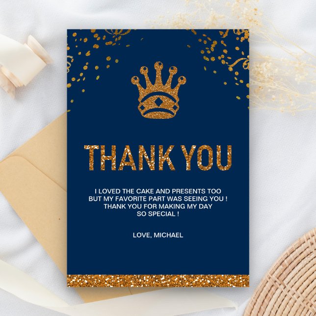 Blue Guld Royal Prince Krona Födelsedagsfest Tack Kort (Skapare uppladdad)