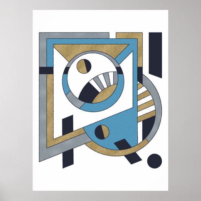 Blue, Guld, Silver Avant Garde Geometric Abstrakt Poster (Framsidan)