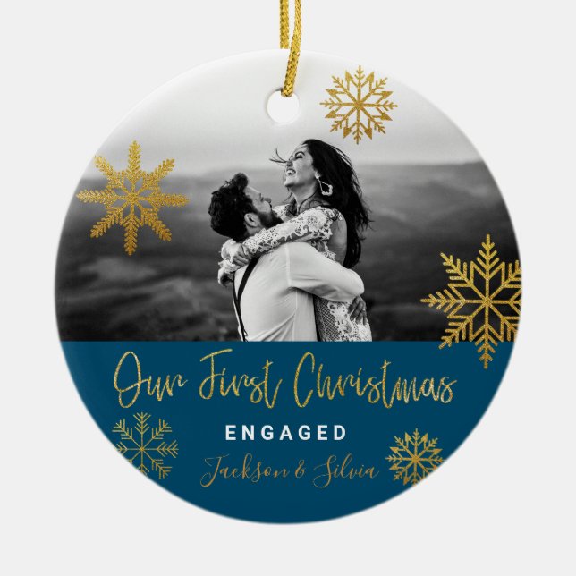 Blue Guld Snöflingor Första jul Engagerad Julgransprydnad Keramik (Framsidan)