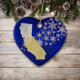 Blue Guld Snowflake California Heart Julgransprydnad Keramik
