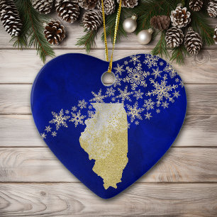 Blue Guld Snowflake Illinois Heart Julgransprydnad Keramik