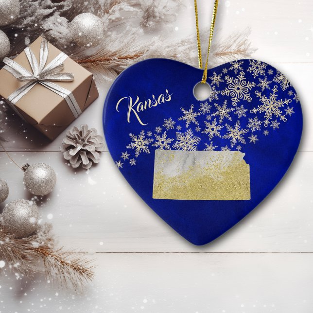Blue Guld Snowflake Kansas Heart Julgransprydnad Keramik (Skapare uppladdad)
