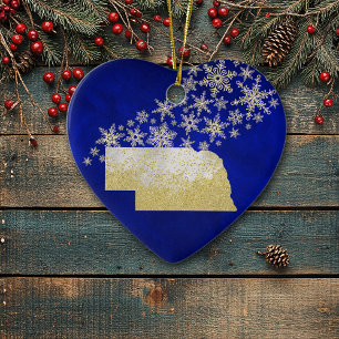 Blue Guld Snowflake Nebraska Heart Julgransprydnad Keramik