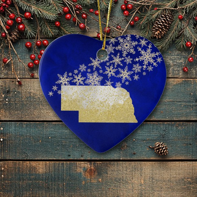 Blue Guld Snowflake Nebraska Heart Julgransprydnad Keramik (Skapare uppladdad)