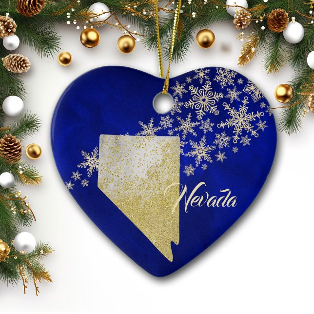 Blue Guld Snowflake Nevada Heart Julgransprydnad Keramik (Skapare uppladdad)