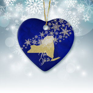 Blue Guld Snowflake New York Heart Julgransprydnad Keramik